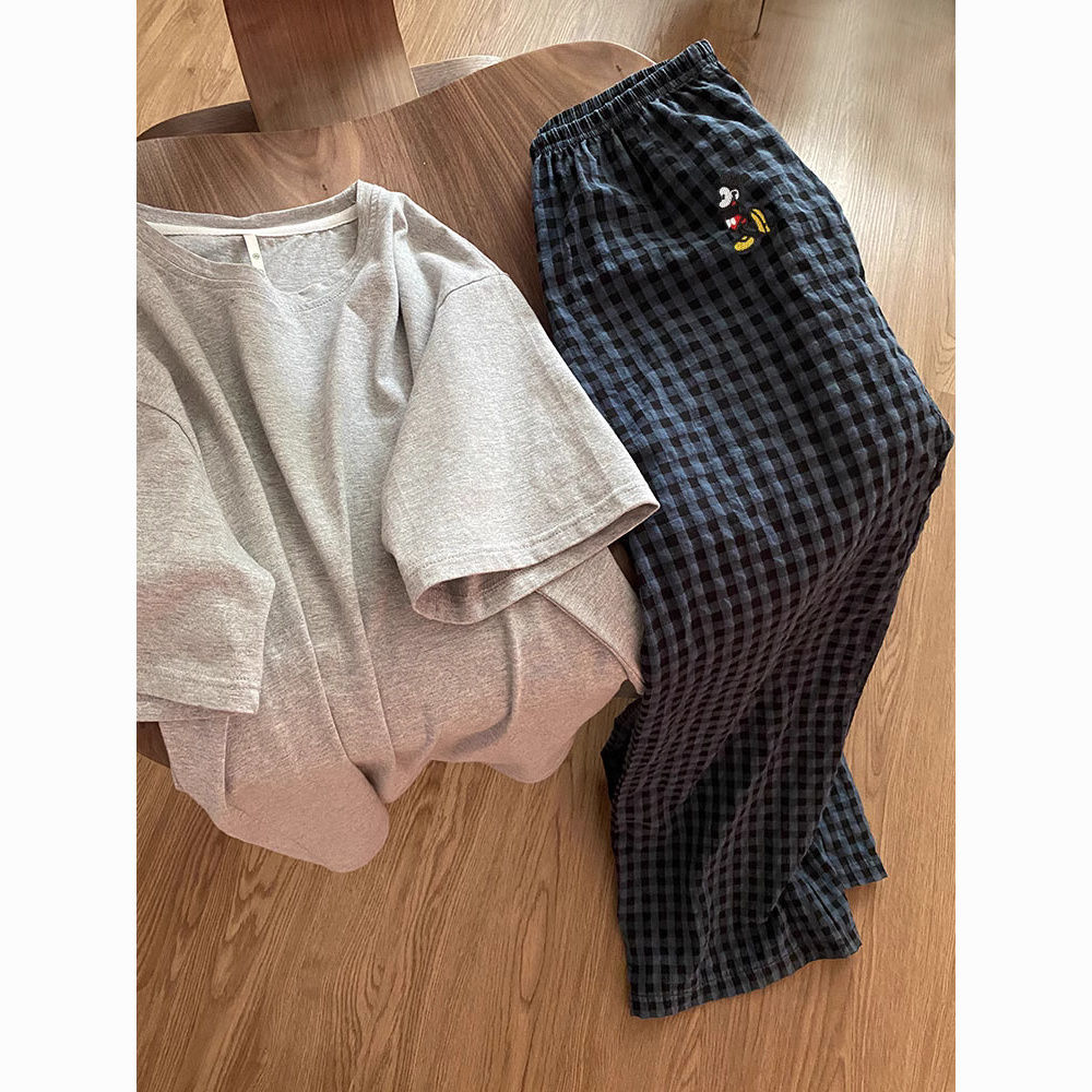 pajamas women‘s spring and autumn short-sleeved trousers korean style loose sports and leisure simple plaid homewear suit can be worn outside