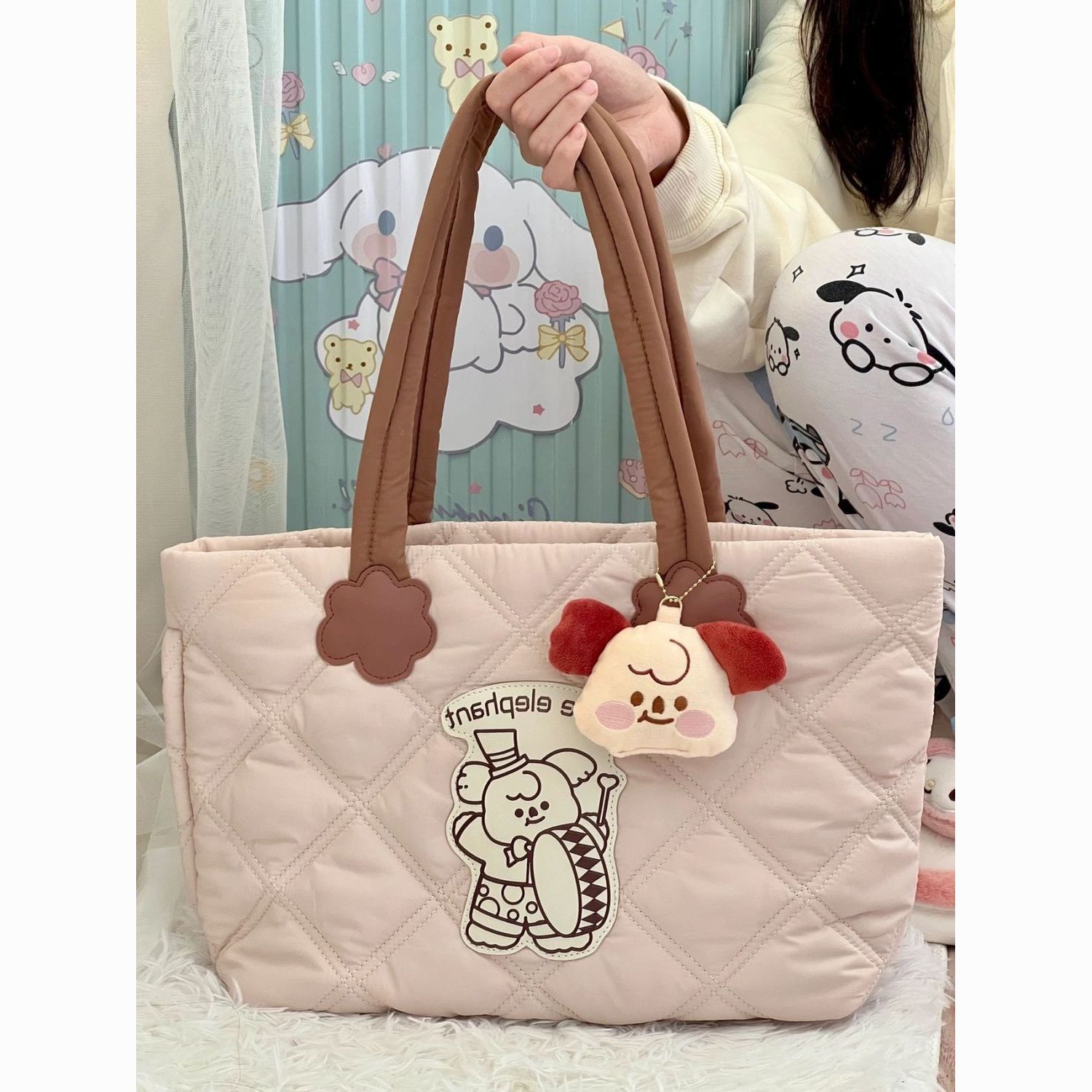 cute elephant tote bag 2024 spring down bag college students shoulder bag for class large capacity commuter hand-carrying bag