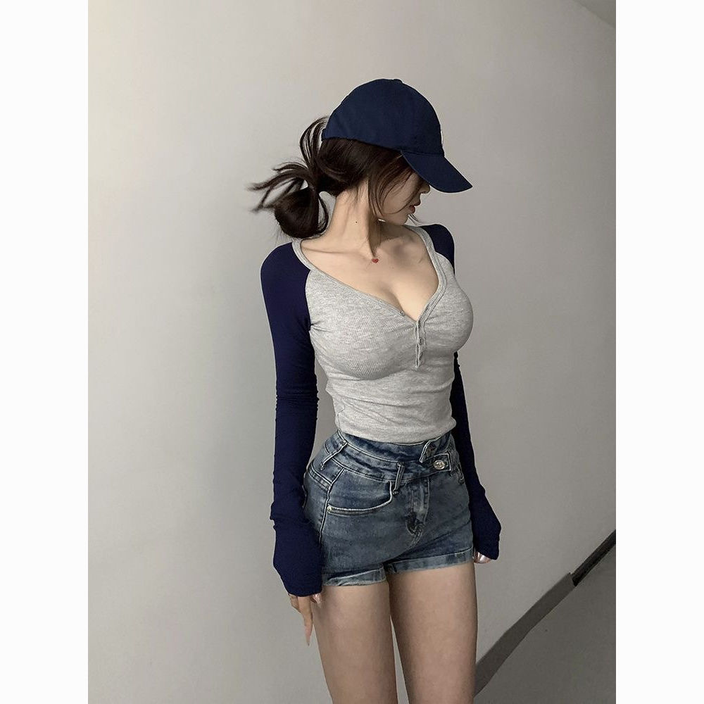 european and american hot girl style contrast color v-neck long-sleeved t-shirt women‘s cute summer breasted raglan sleeve slim yoga workout top