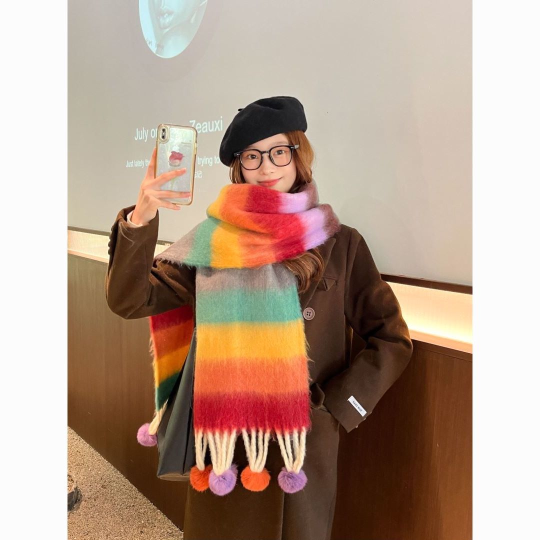 2023 korean style new rainbow striped scarf with ball female winter students all-match high-grade warm bib shawl