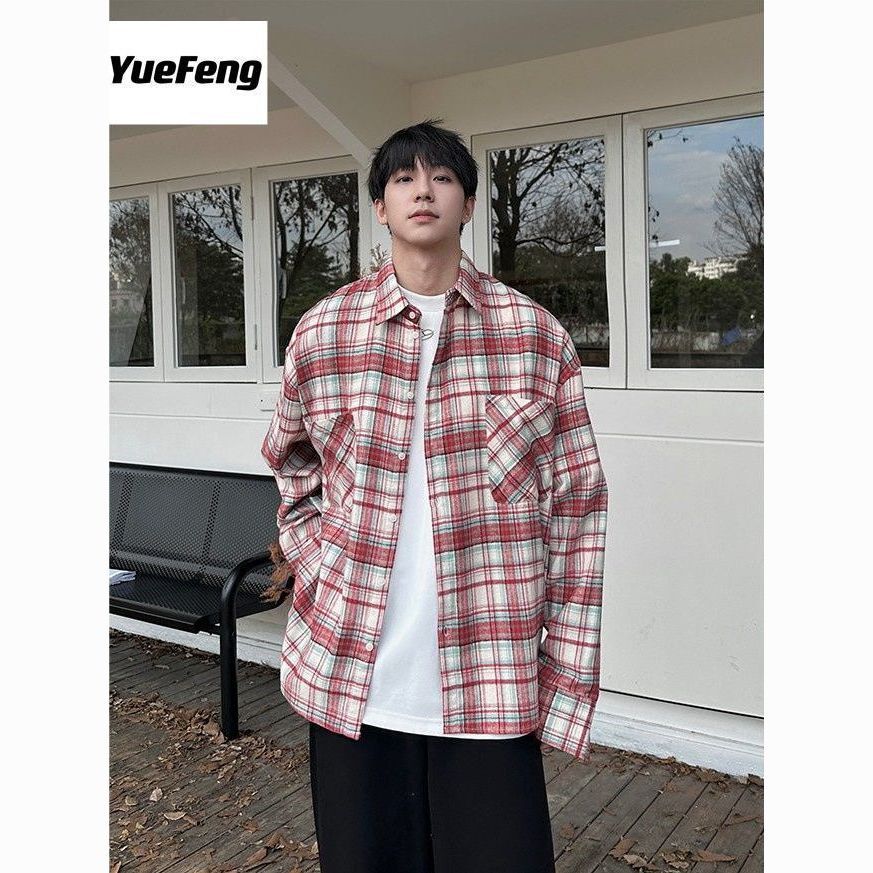 2024 american style vintage organ pocket plaid shirt men and women spring fashion brand vintage long sleeve shirt coat