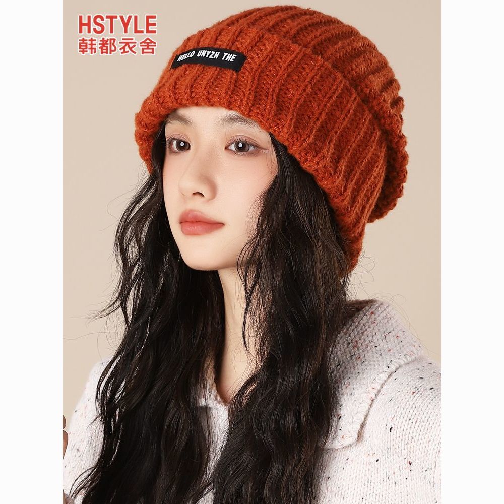 handu clothing house hat female autumn and winter all-matching warm ear protection knitting woolen cap big head pile style face slimming beanie hat