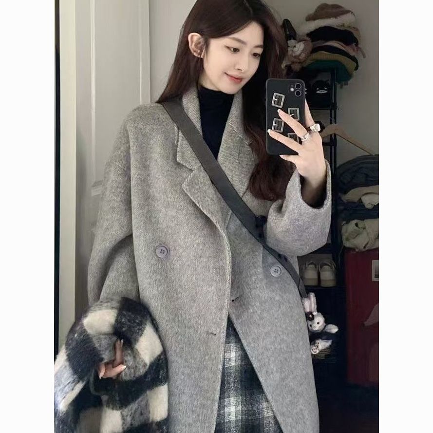 gray antelope velvet coat long 2024 autumn and winter new korean style loose mid-length coat woolen