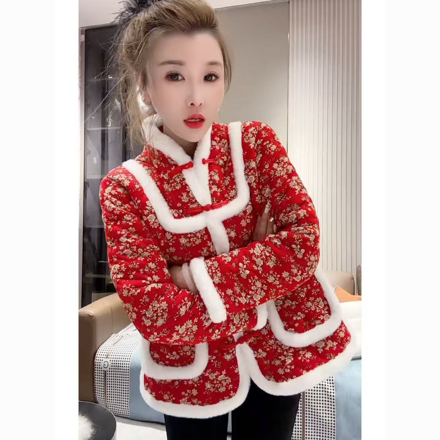 plus size women‘s new year‘s korean-style floral cotton-padded jacket women‘s winter new national style slimming northeast flower cotton-padded jacket women