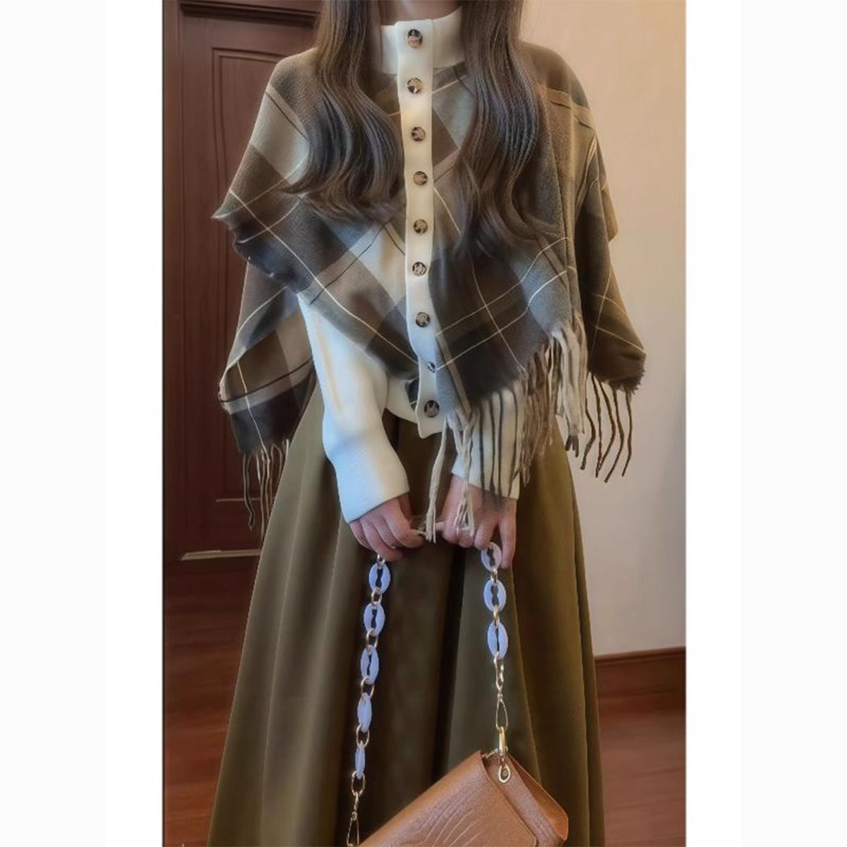 suit women‘s 2024 autumn korean style design irregular plaid shawl cape knitted sweater high waist skirt