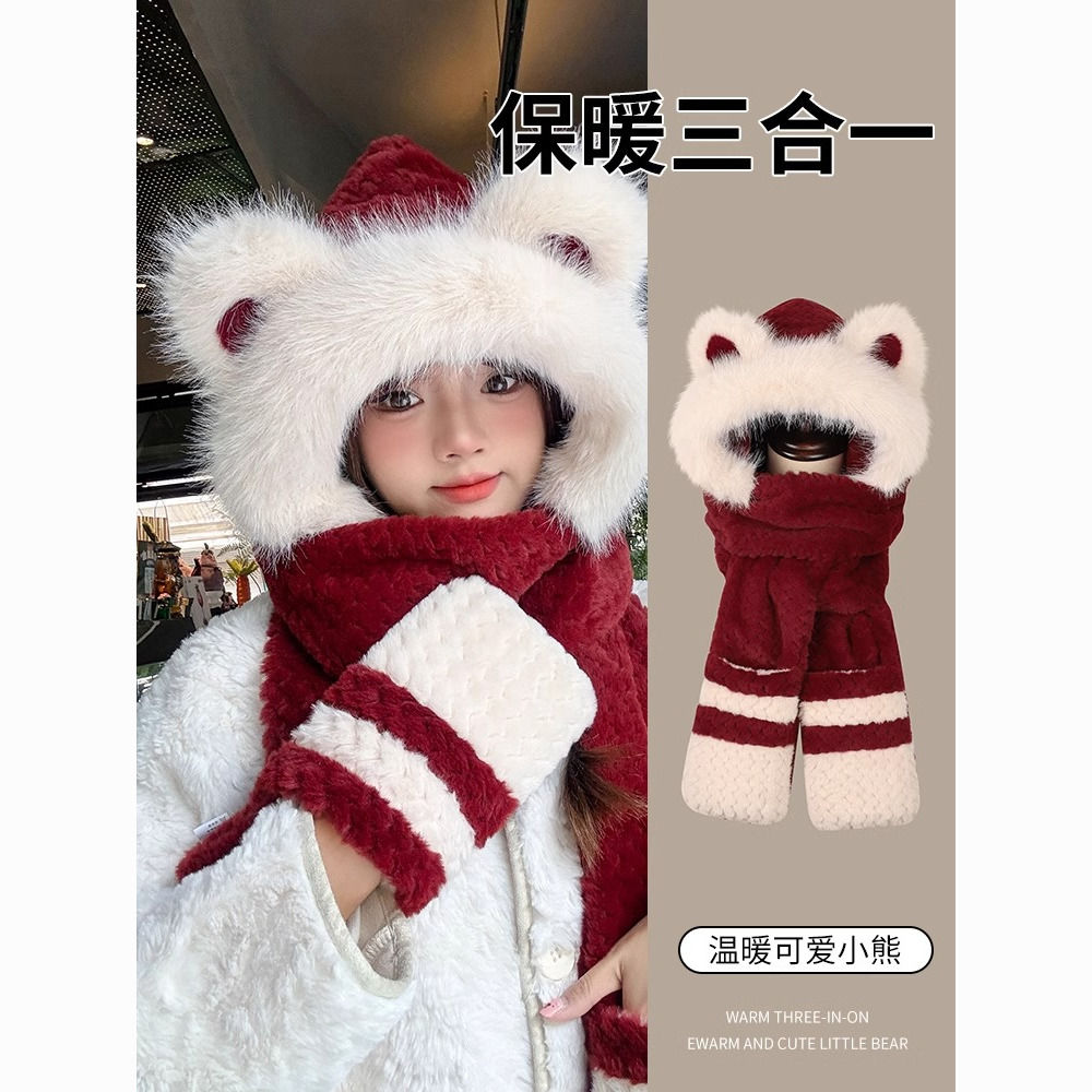 bear plush hat 2024 new women‘s winter hat scarf integrated riding thickened warm-keeping and cold-proof earmuffs hat