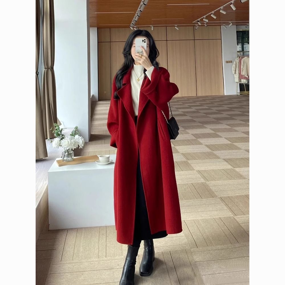 high sense reversible cashmere coat women‘s mid-length below the knee woolen coat double-faced woolen goods wool overcoat 2024 autumn and winter