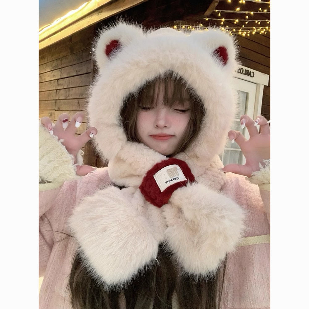 cute furry fox ear hat scarf integrated female winter cold-proof scarf hooded student cycling earmuffs hat