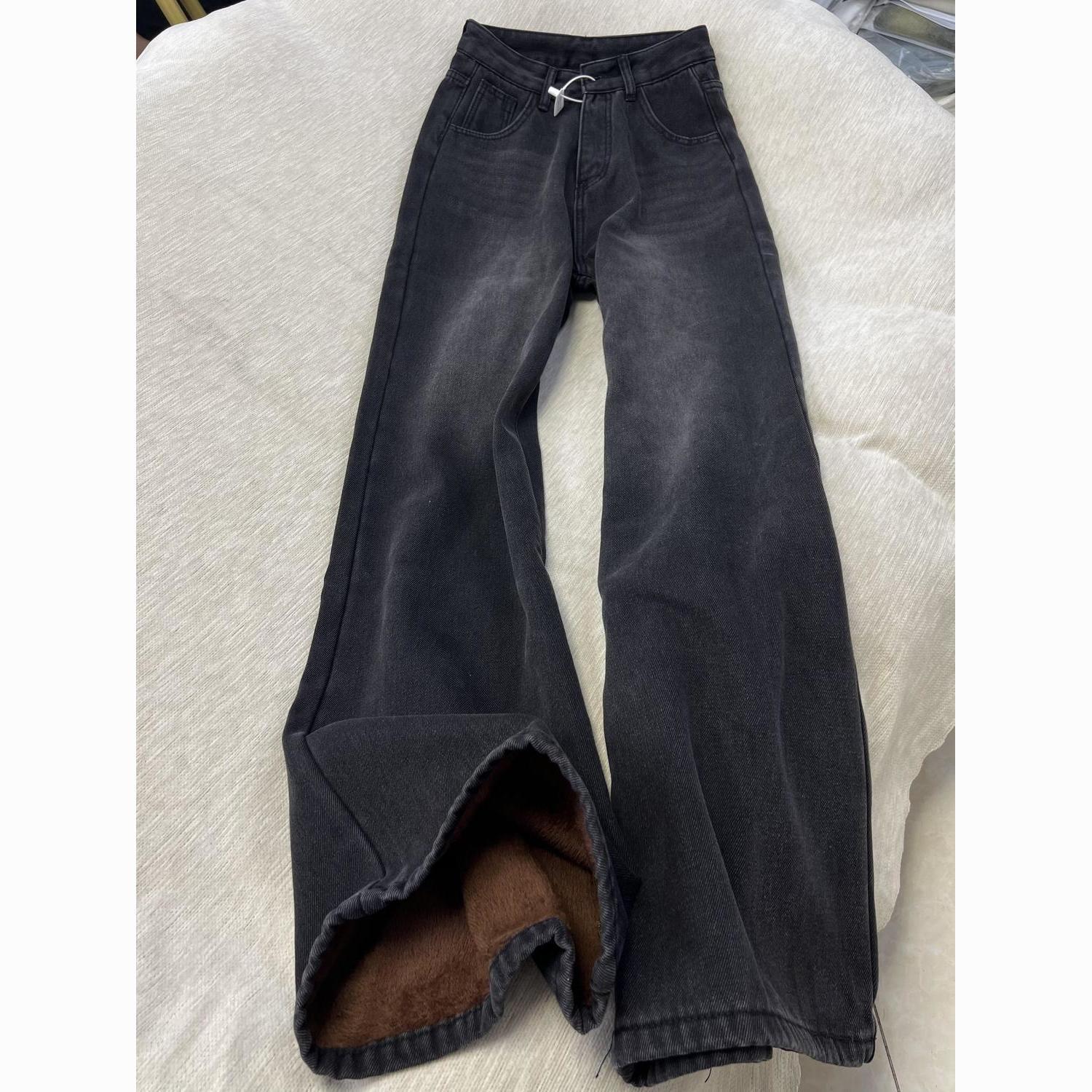 black gray fleece-lined warm and loose straight jeans women‘s autumn and winter new american retro high waist drooping wide leg pants