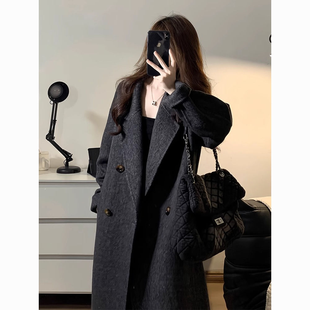 woolen overcoat for women 2024 autumn and winter new korean style loose high-grade mid-length black gray wool coat tide