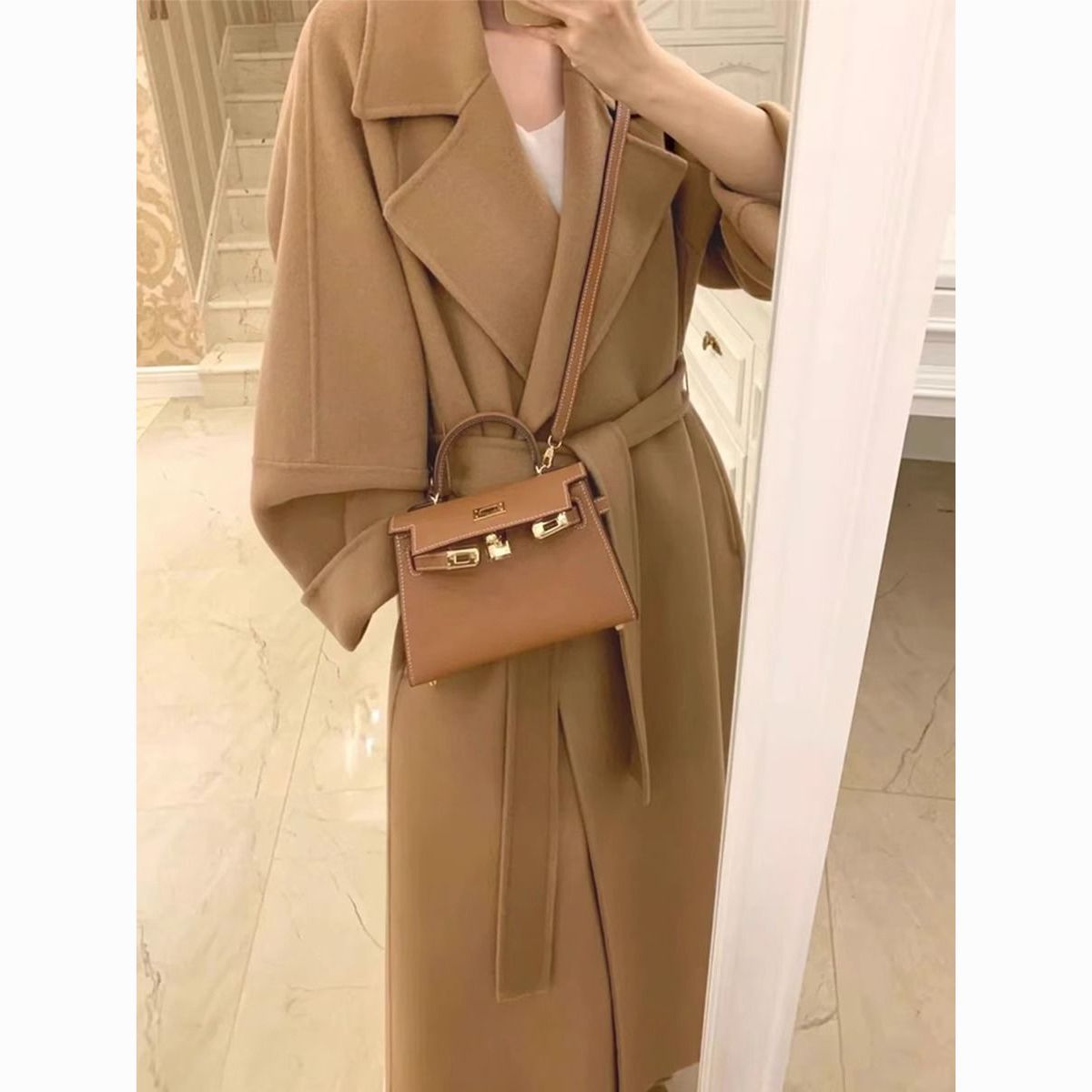 double-sided cashmere wool overcoat women‘s autumn and winter high sense 2024 new mid-length wool small woolen coat