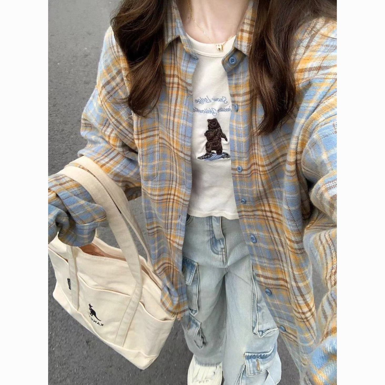 american retro pure cotton plaid shirt coat women‘s early spring new dopamine wear high-grade long sleeve tops outerwear