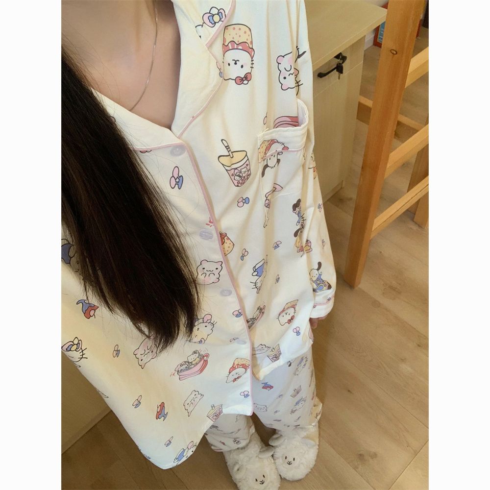 japanese ins style hello kitty pajamas women‘s spring and autumn new long-sleeved trousers student online red cardigan good-looking suit