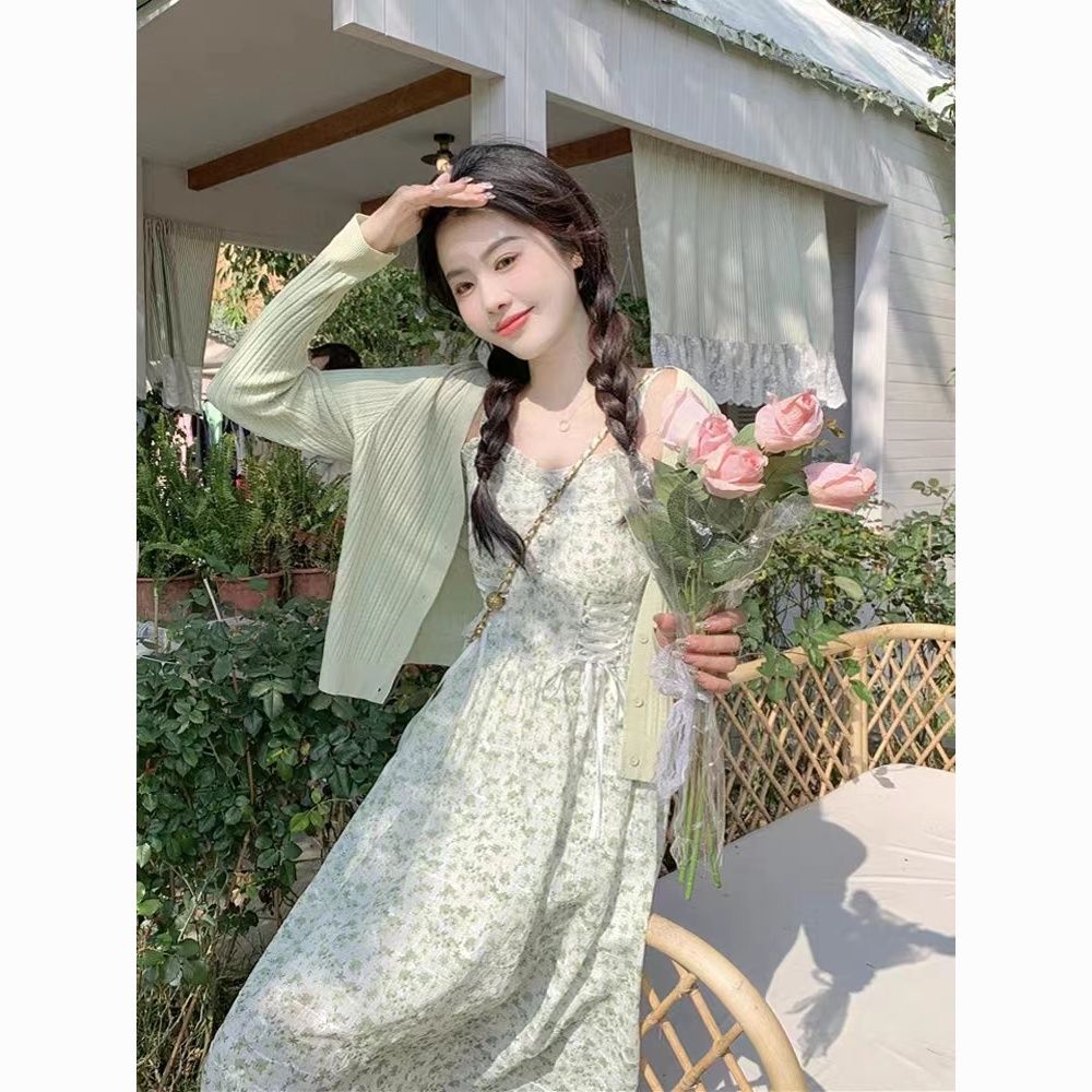 women‘s skirt summer french sweet fresh fairy super mori cardigan floral strap dress two-piece suit