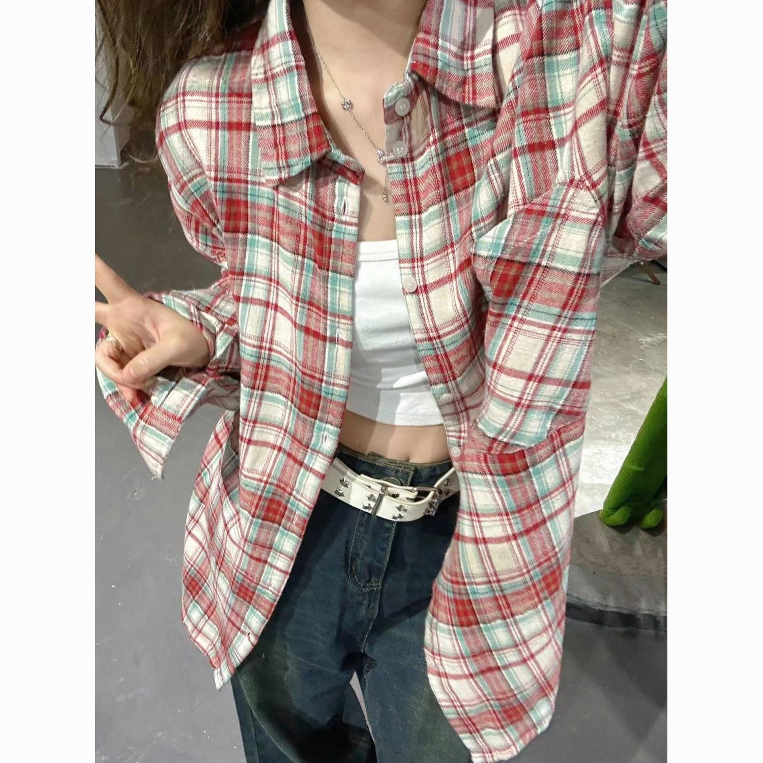 french lazy style retro red plaid shirt women‘s loose leisure slimming mid-length shirt outer wear cardigan fashion