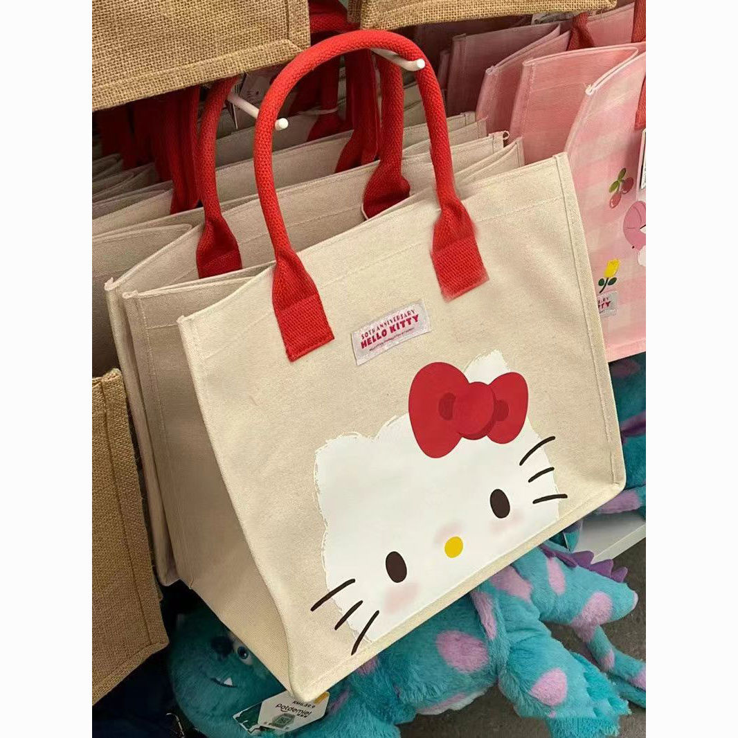 sanrio new cartoon handbag canvas printed kitty shopping bag good-looking tote bag simple vegetable bag