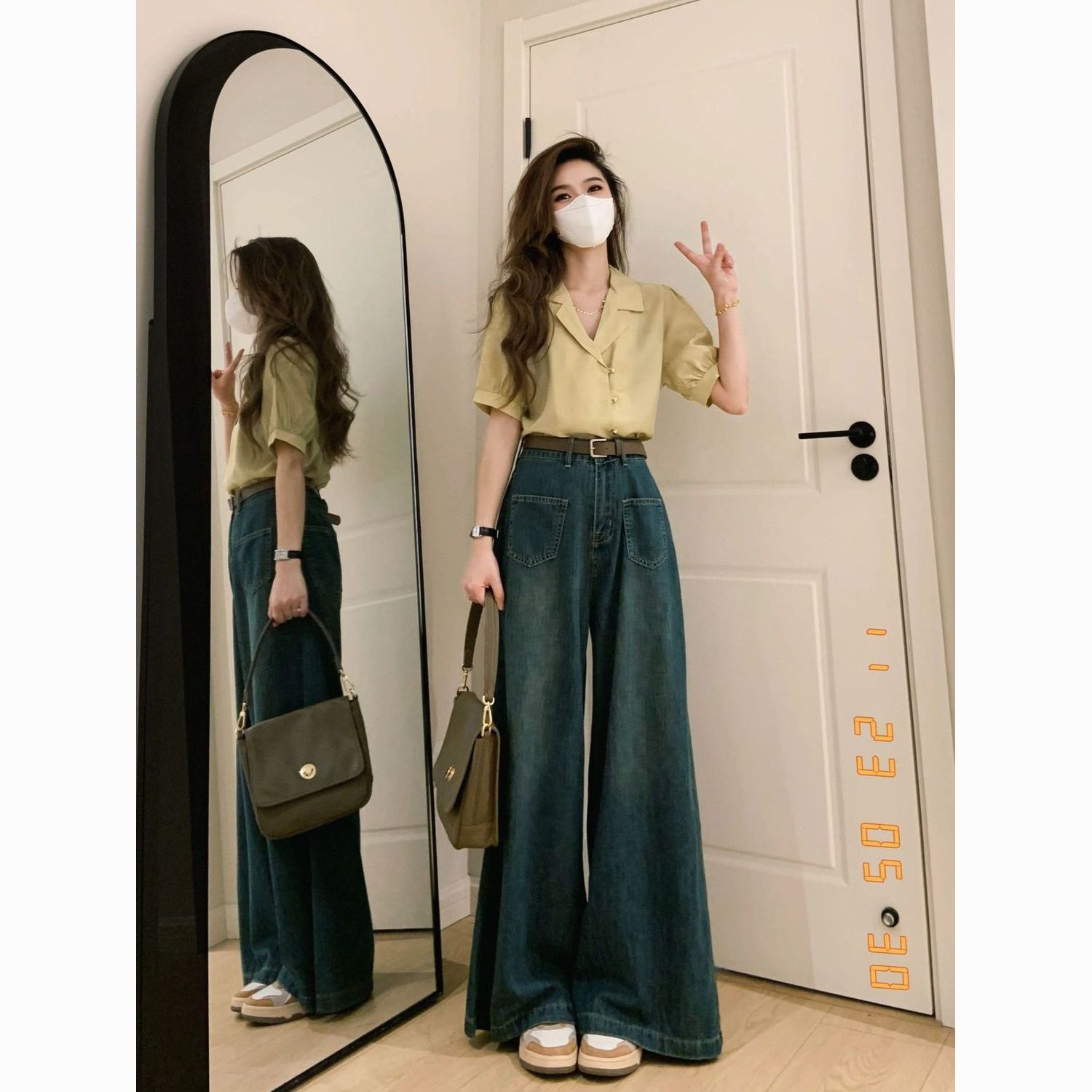 hong kong style retro big flared wide leg jeans women‘s small high waist loose and slimming straight-leg pants mop pants