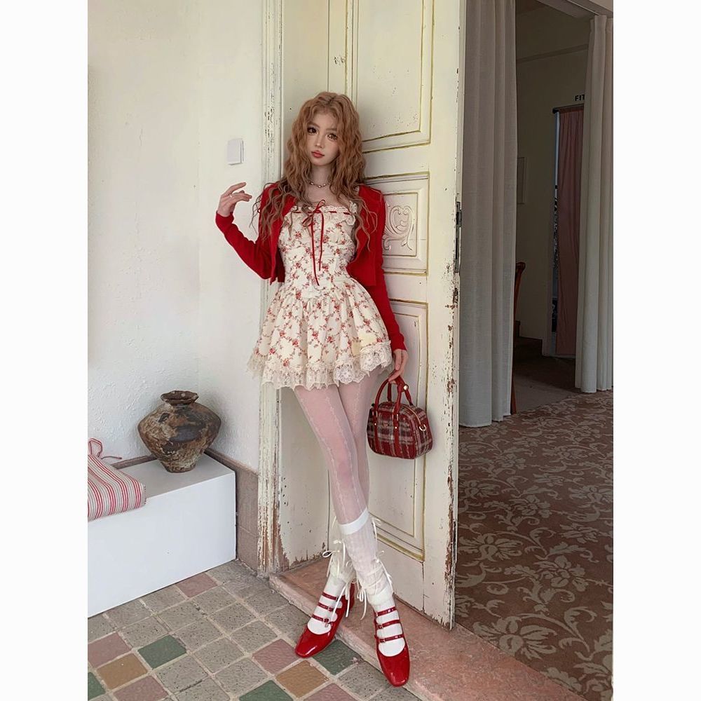 nanli xiangfu rose apricot pastoral style small floral french lace sling dress spring and summer small coat