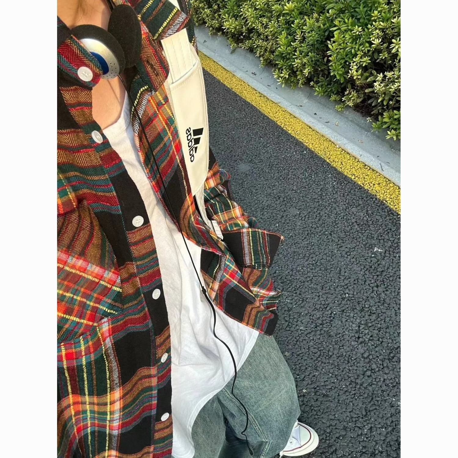 retro hong kong style chic pure cotton plaid shirt coat women‘s single wear early spring new loose and lazy style long sleeve shirt