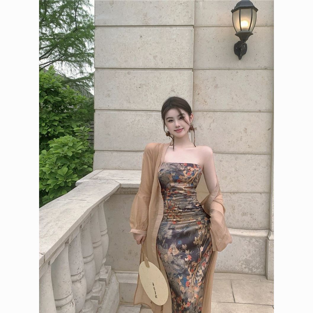 new chinese zen improved cheongsam tube top dress women‘s summer retro waist-controlled sheath dress temperament dress