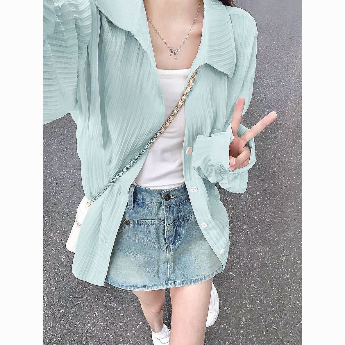 early spring thin mint green striped shirt women‘s american-style niche loose versatile slimming shirt outer wear cardigan fashion