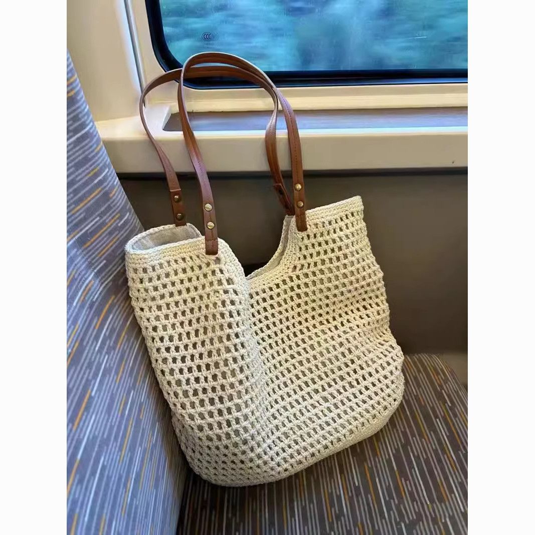 2024 new large capacity shoulder cotton thread woven bag new hollow mesh tote bag seaside vacation beach bag