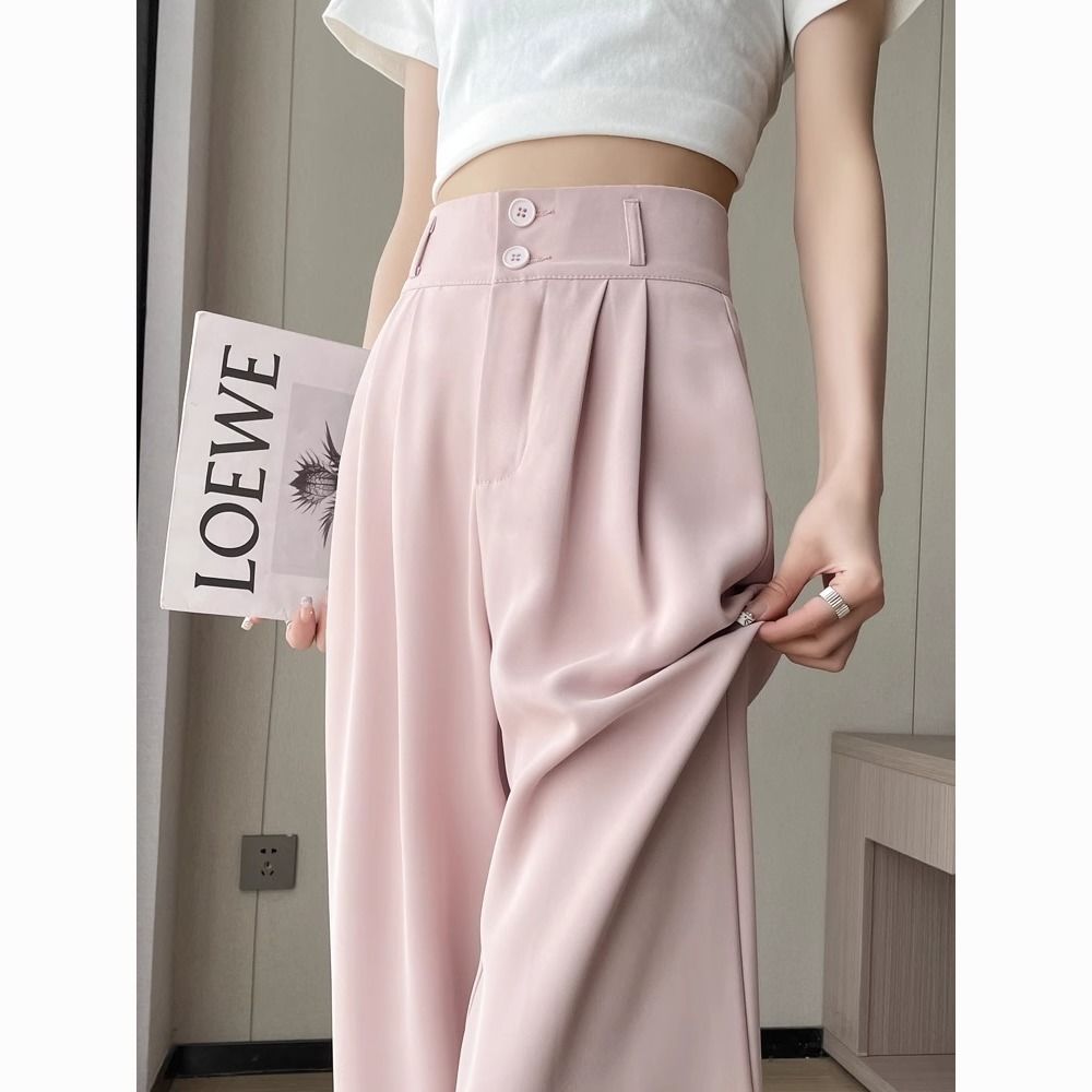 pink suit pants women‘s summer thin 2024 new ice silk wide-leg pants high waist drooping straight casual mopping pants