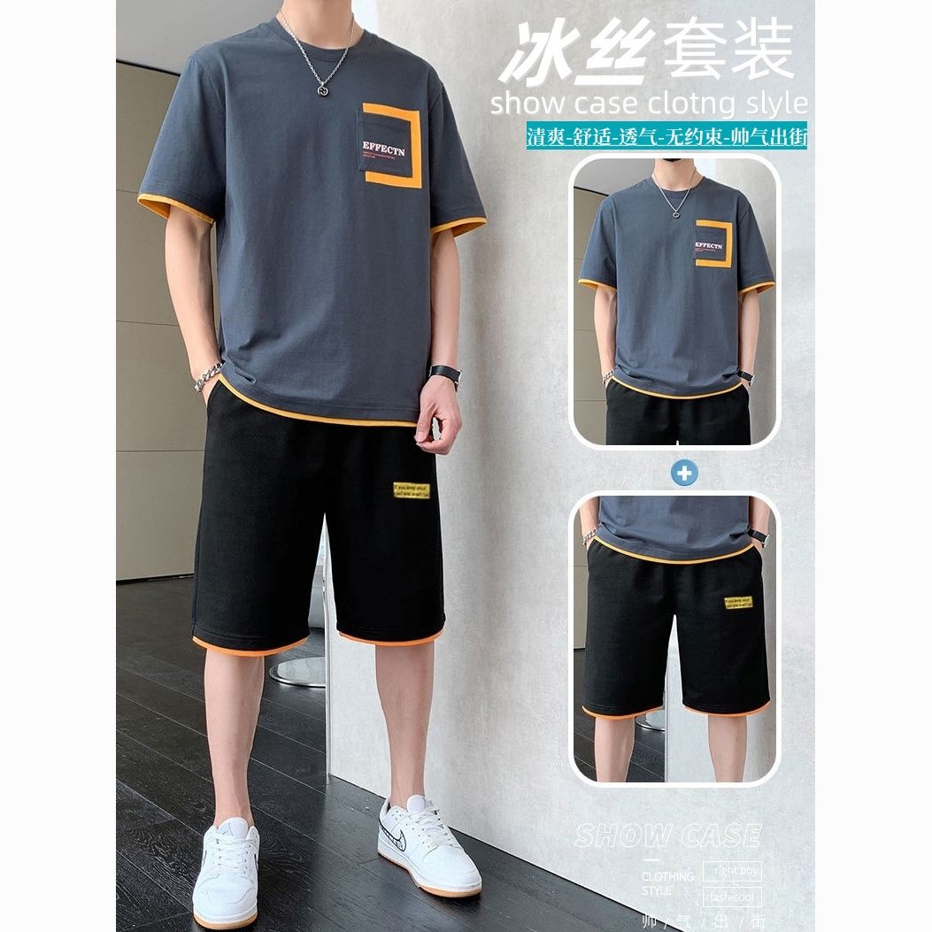 men‘s summer suit short sleeve t-shirt shorts sports suit loose casual two-piece suit handsome suit