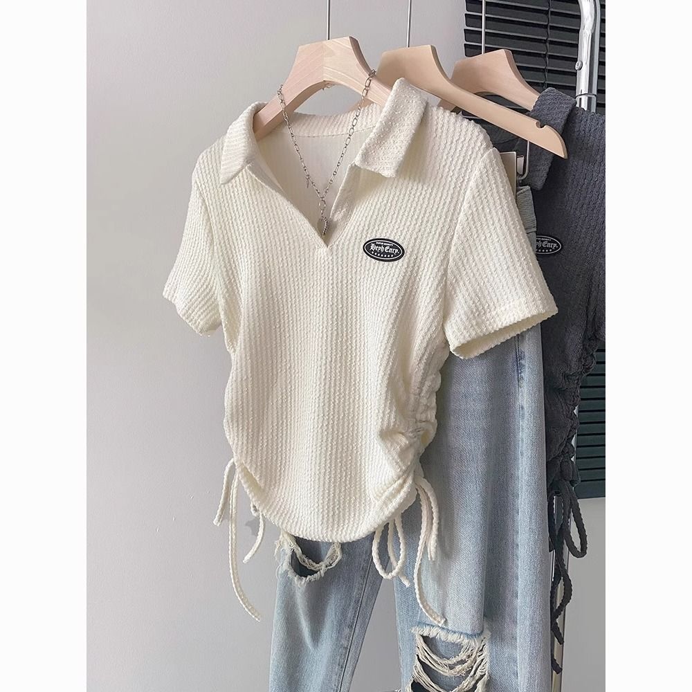 american polo collar shoulder short-sleeved t-shirt women‘s summer new drawstring pleated tied slim fit slimming short top