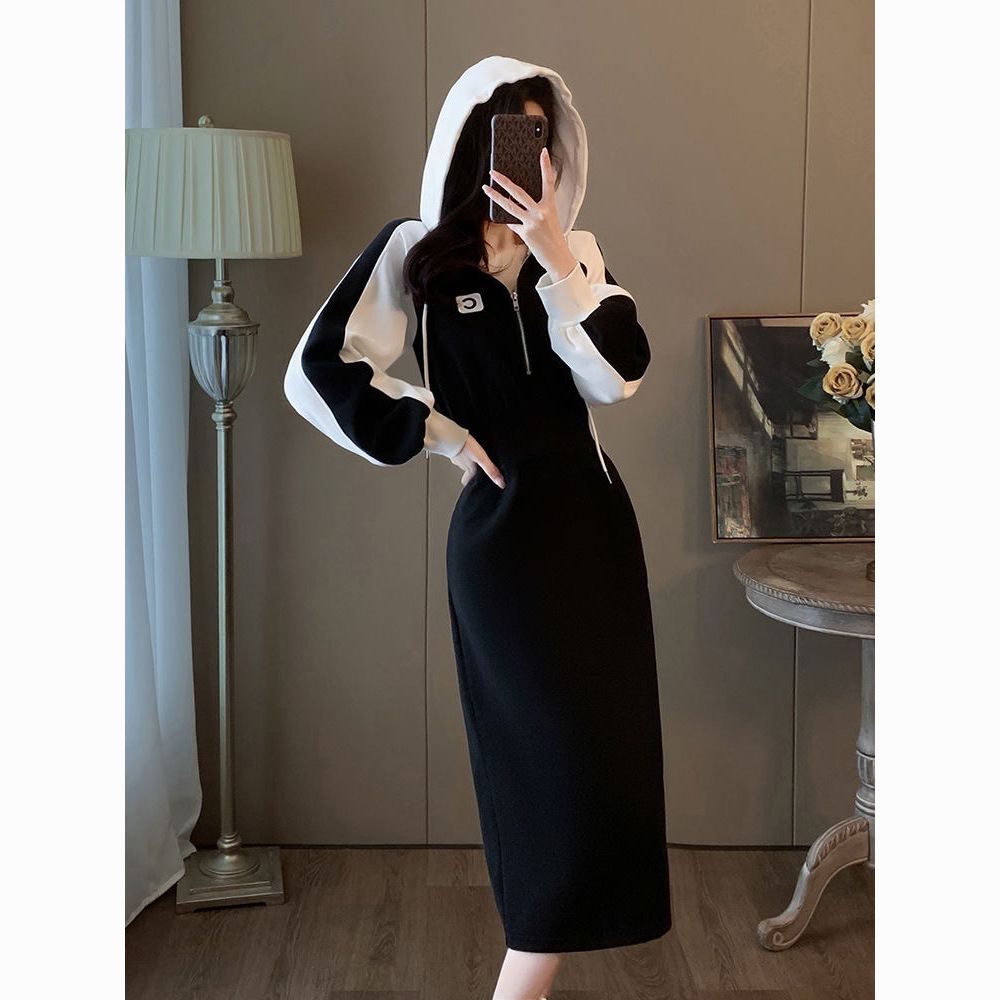 contrast color hooded waist-tight dress women‘s fashionable casual figure flattering sweater dress autumn and winter 2023 new european station european goods