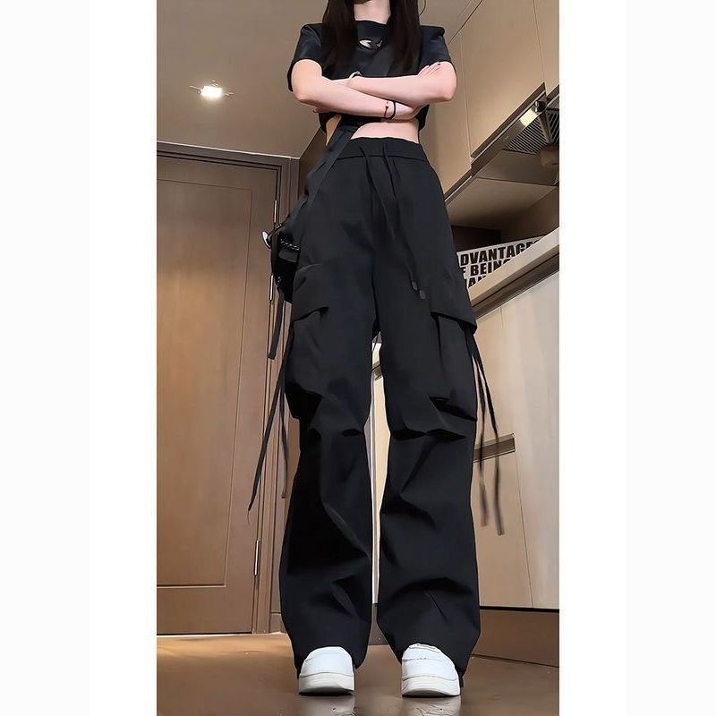 black high street tactical pants women‘s american functional workwear pants loose straight casual trousers autumn wide leg pants fashion