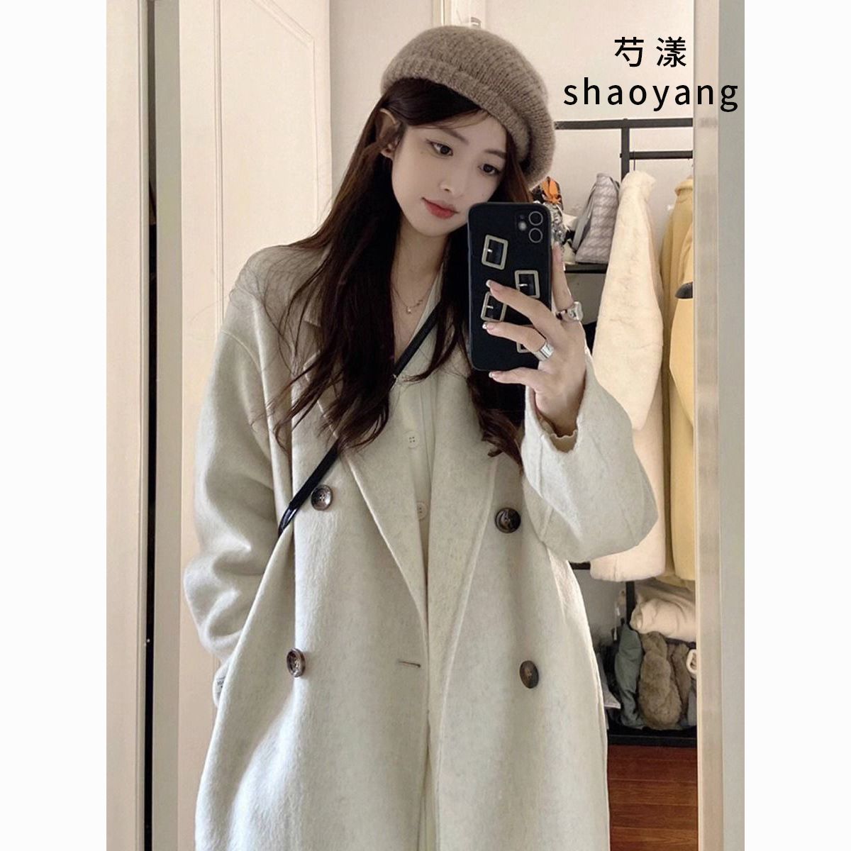 oatmeal color double-sided woolen overcoat women‘s mid-length 2024 autumn and winter new korean style over-the-knee hot woolen overcoat