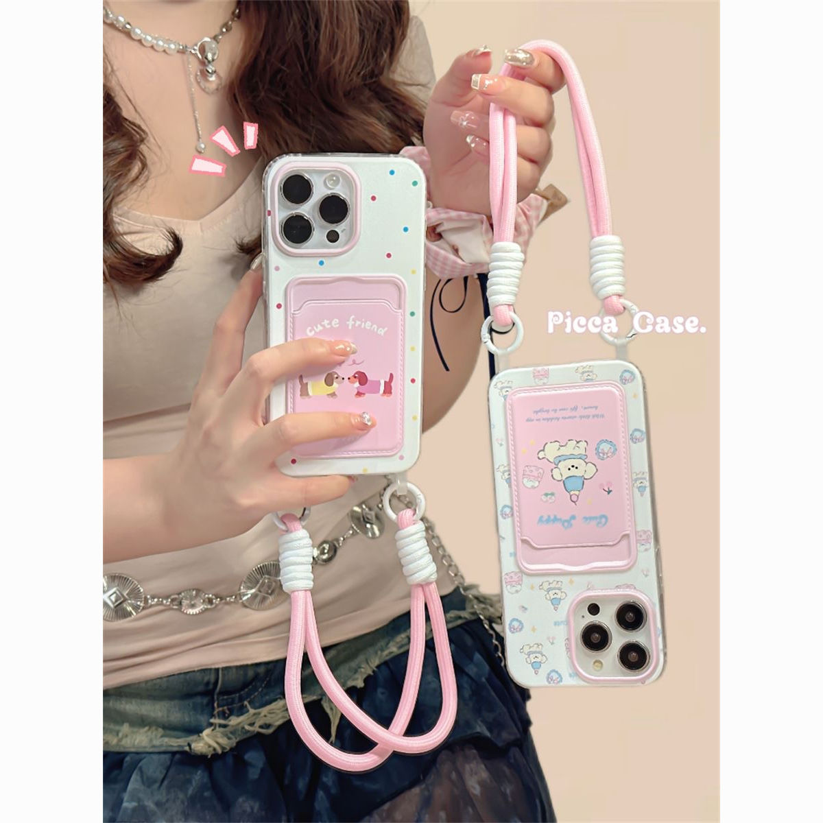 suitable for apple 15promax phone case card holder iphone13/14/11 lanyard 12/7/8p cute xr/xs