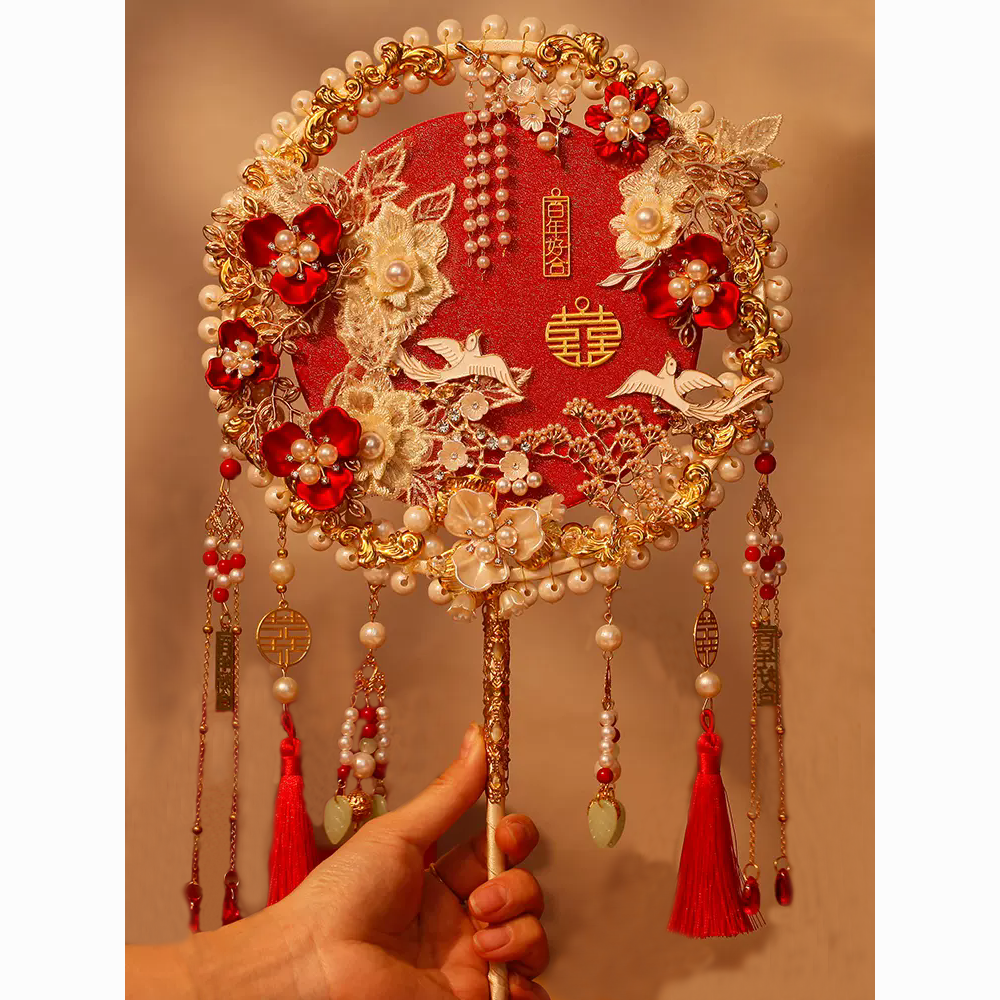 chinese wedding xiuhe fan wedding bride circular fan diy material package handmade ancient style wedding hongxi fan finished product