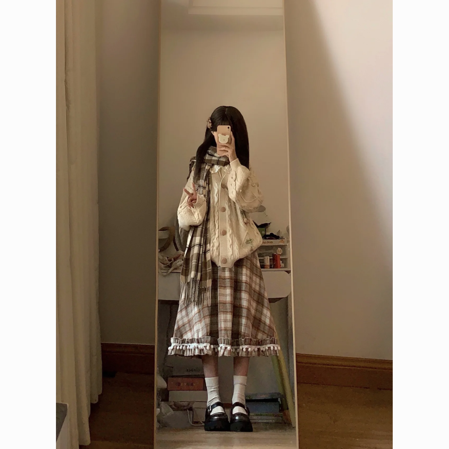 french retro girl plaid fur ball skirt autumn and winter college style high waist slimming all-matching a- line mid-length skirt