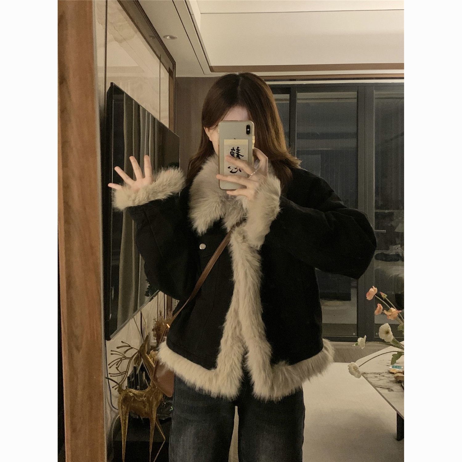 high-grade quilted stitching lamb fur denim cotton coat jacket female autumn and winter wild loose temperament  style fashion