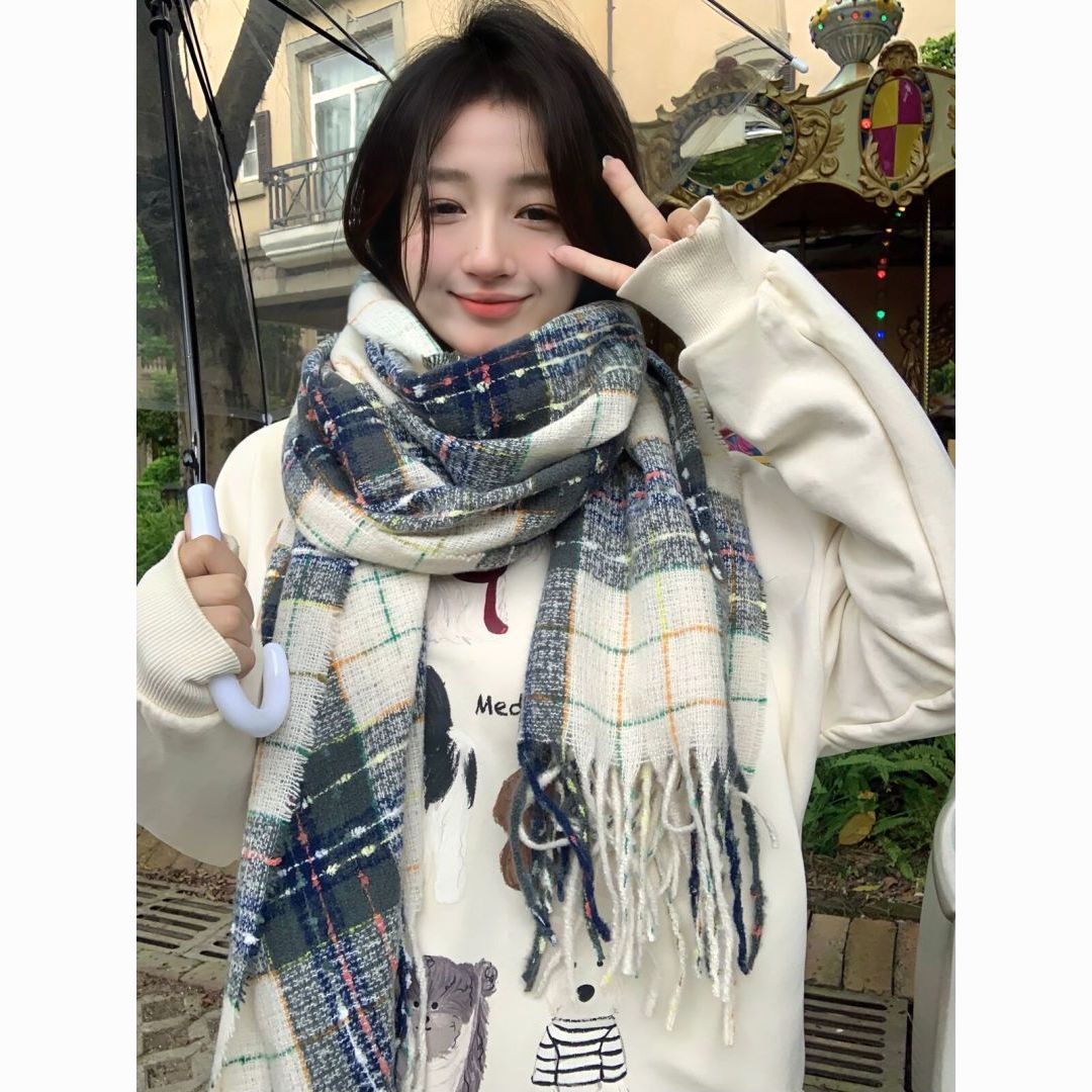 korean style plaid new rad scarf senior winter student 2024 all-matching thickened warm shawl scarf atmosphere