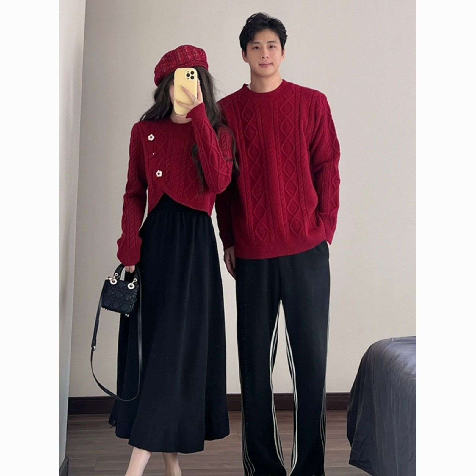 back-to-door couple wear autumn and winter super popular loose red sweater men‘s and women‘s korean-style one-piece dress knitted dress fashion