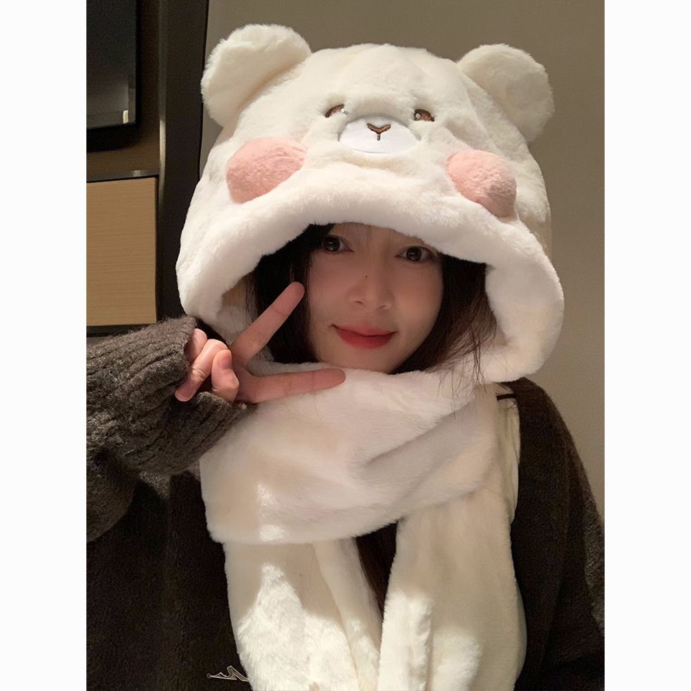 cute bear hat scarf gloves three-piece set female winter warm fleece-lined thickened cycling cold protection scarf