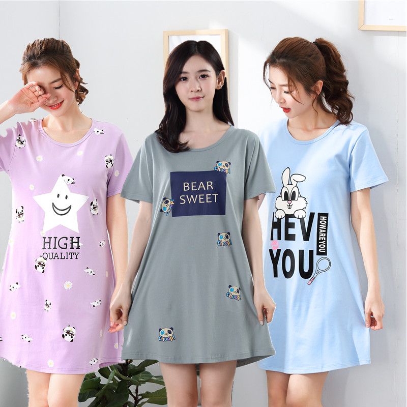 pajamas women‘s summer short-sleeved pure cotton nightdress thin short skirt cartoon cute pajamas can be outerwear homewear