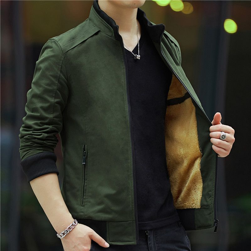 men‘s coat autumn and winter korean style trendy slim fit casual stand collar workwear men‘s clothing denim fleece jacket spring and autumn clothing