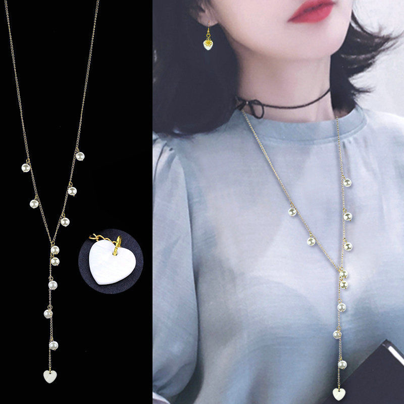 7 Korean Style Flower Long Necklace for Women Ins Non-Fading Asymmetric Crystal Sweater Chain Pearl Girlfriends with Earrings