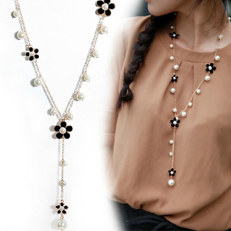 7 Korean Style Flower Long Necklace for Women Ins Non-Fading Asymmetric Crystal Sweater Chain Pearl Girlfriends with Earrings