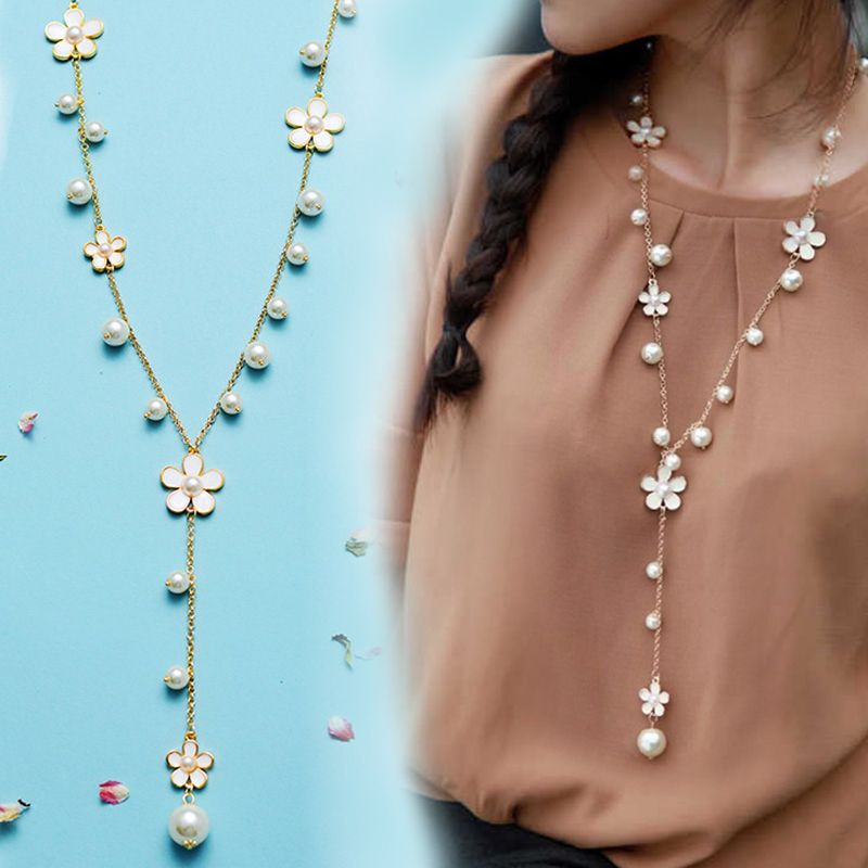 7 Korean Style Flower Long Necklace for Women Ins Non-Fading Asymmetric Crystal Sweater Chain Pearl Girlfriends with Earrings