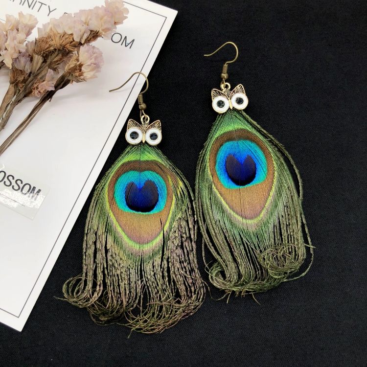 Night Watchman Japanese and Korean Retro Owl Peacock Feather Earrings Female Temperamental Personalized and All-Match Earrings Fashion Earrings