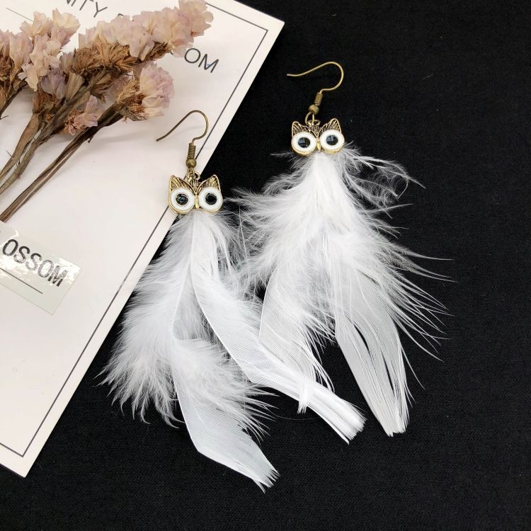Night Watchman Japanese and Korean Retro Owl Peacock Feather Earrings Female Temperamental Personalized and All-Match Earrings Fashion Earrings