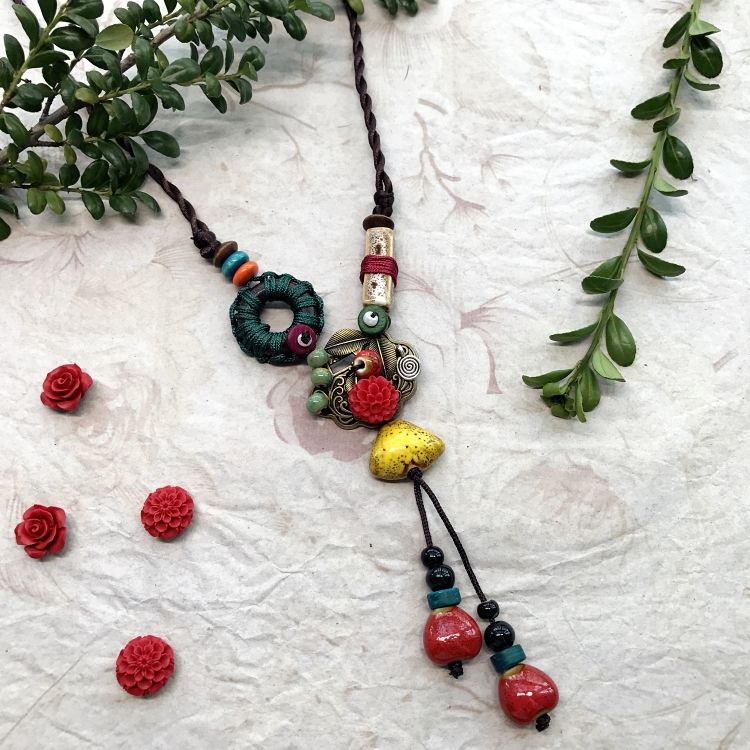 New Forest Handmade Ceramic Necklace Women's Retro Easy Matching Sweater Chain Simple Long Ethnic Style Accessories Pendant