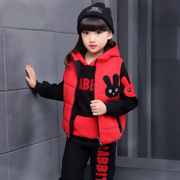 girls autumn and winter suit 2024 new western style medium and big children girls warm hoodie fleece-lined thick winter clothes three-piece set