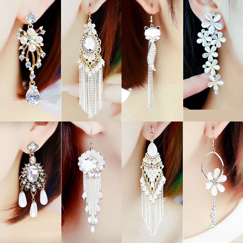 Bohemian Ethnic Style Temperamental Fairy White Earrings Long Fringed Pearl Handmade Earrings Female Accessories