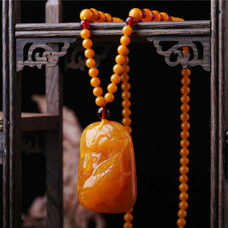 Amber Beeswax Necklace Women's Yellow Chicken Grease Old Wax Water Drop Pendant Sweater Chain Long Men's and Women's Ethnic Style Carving Ornament